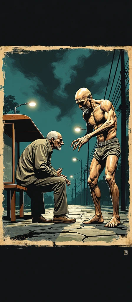 Create a vintage poster style art, for the horror story, The Man at the Bus Stop, by the author Thiago Lopes, which tells the story of a bald and bitter bar owner who meets a naked old man at night and discovers that this man is waiting for the bus that will take him to hell.