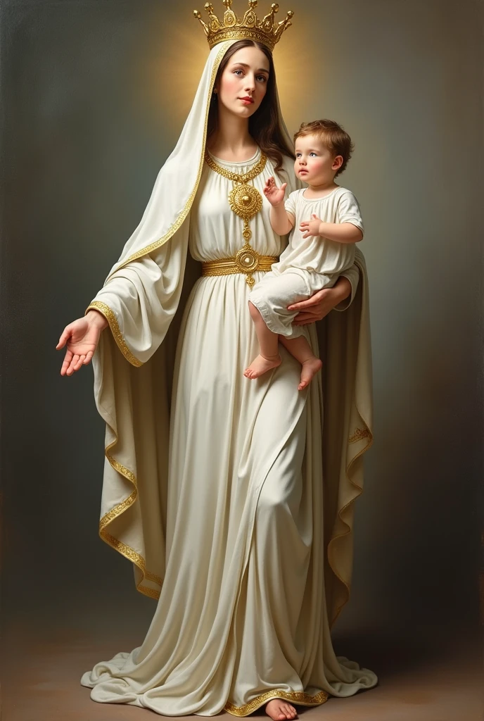 Virgin of Carmen with the child, with a white cape and brown tunic, the Virgin of Carmen, with white tunic the child, realist, The Virgin of Carmen with many golden accessories, beautiful, The Virgin of Carmen with a crown, May the Virgin of Carmen have an angelic and pure face, the virgin of Carmen standing, that the entire body of the Virgin of Carmen be shown, that the Virgin of Carmen be shown from head to toe
