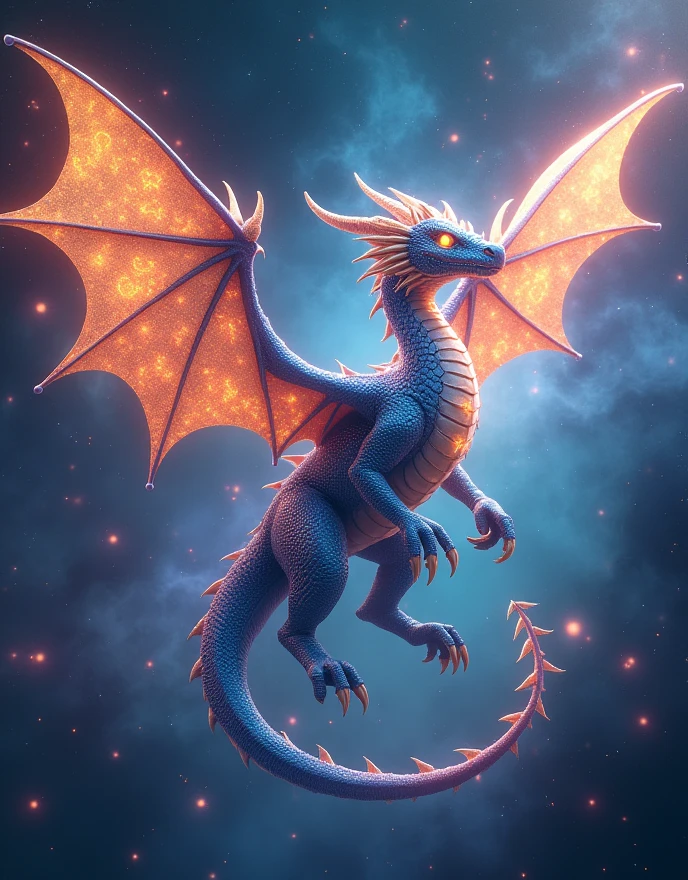 (Celestial Dragon Soaring:1.3), (cosmic nebula background:1.4), (iridescent scales:1.4), (glowing celestial symbols on body:1.3), (luminous eyes:1.3), (ethereal wings:1.4), (majestic and powerful stance:1.3), (cosmic dust trails:1.4), (radiant star-like aura:1.3), (galaxy swirling around:1.4), (deep space colors:1.4), (mystical energy emanating:1.3), (highly detailed dragon anatomy:1.3), (dynamic movement:1.4), (vibrant yet harmonious color palette:1.3)