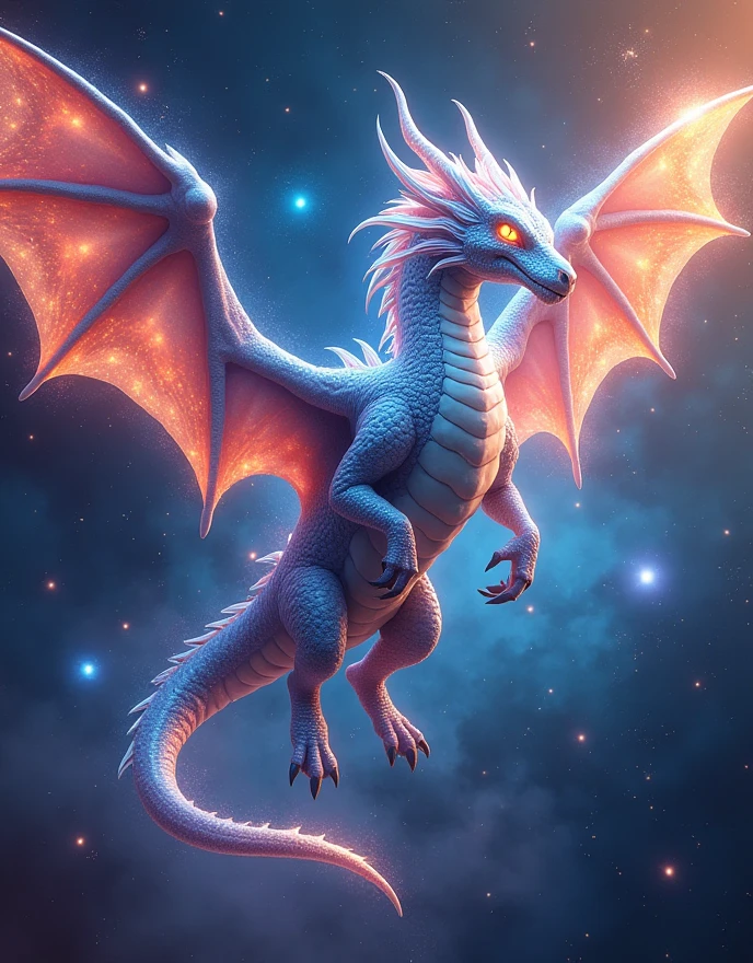 (Celestial Dragon Soaring:1.3), (cosmic nebula background:1.4), (iridescent scales:1.4), (glowing celestial symbols on body:1.3), (luminous eyes:1.3), (ethereal wings:1.4), (majestic and powerful stance:1.3), (cosmic dust trails:1.4), (radiant star-like aura:1.3), (galaxy swirling around:1.4), (deep space colors:1.4), (mystical energy emanating:1.3), (highly detailed dragon anatomy:1.3), (dynamic movement:1.4), (vibrant yet harmonious color palette:1.3)