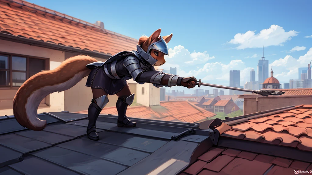 female squirrel in knight costume with helmet, on flat roof,