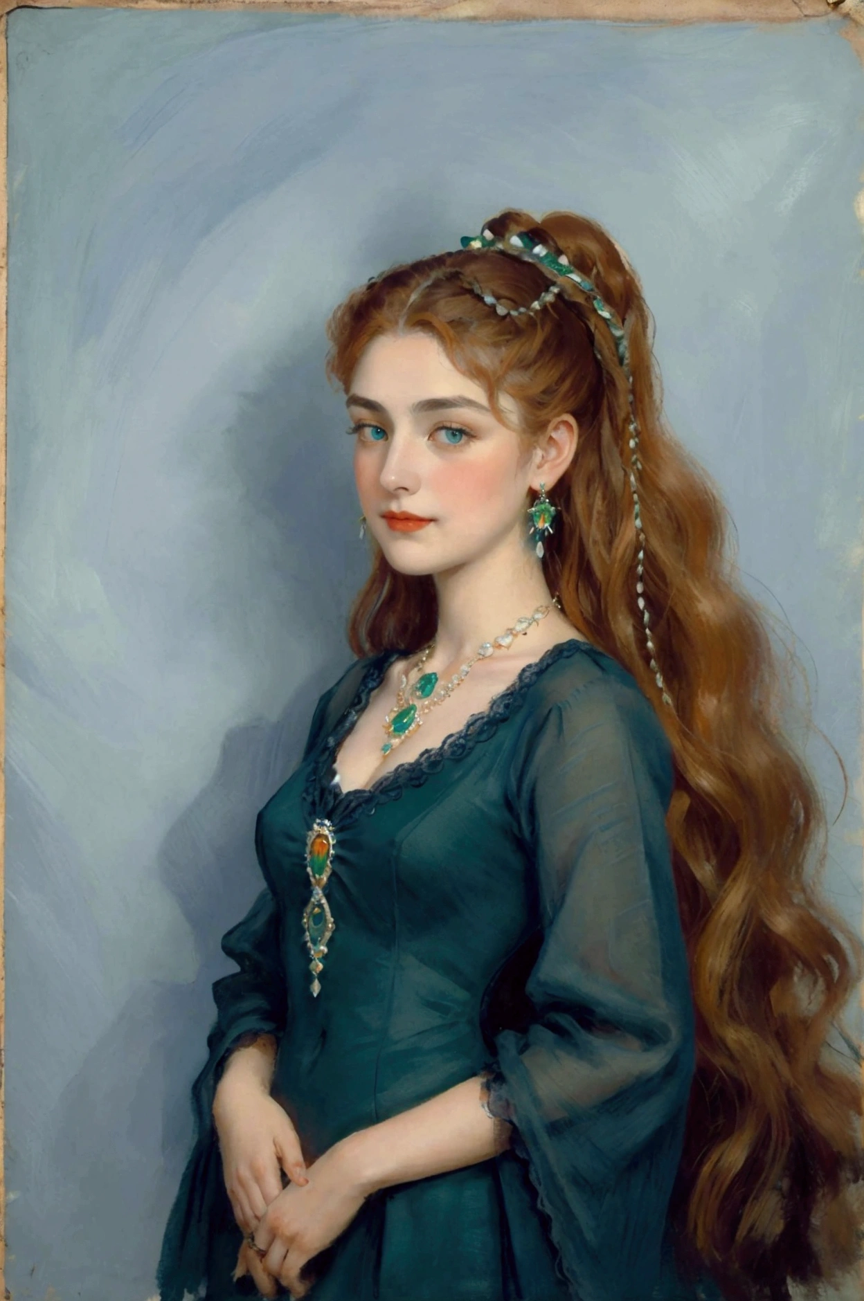 beautiful woman, 20 years old,Long orange wavy hair pulled back with jeweled hairpins, deep green eyes, Victorian navy blue dress with rhinestones, proud expression