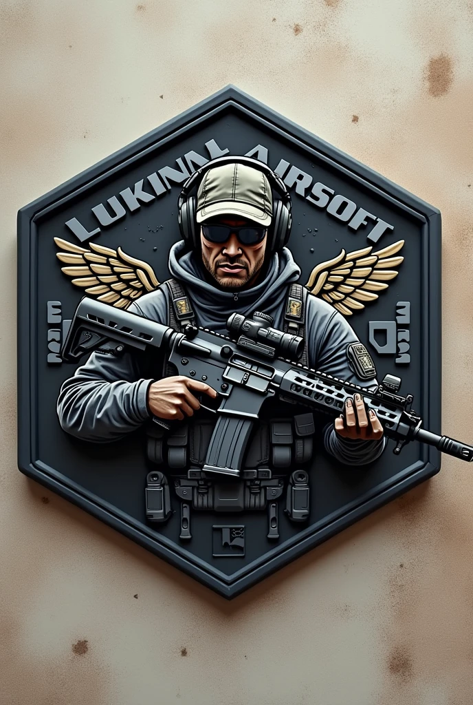 Create Hexagonal Rubber Patch Cliché Image, Military coat of arms, with the name Lukinha Airsoft and an operator carrying an m4 rifle wearing a cap and headphones