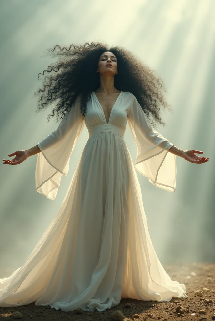 Woman with open arms and black curly hair and rooted feet dress