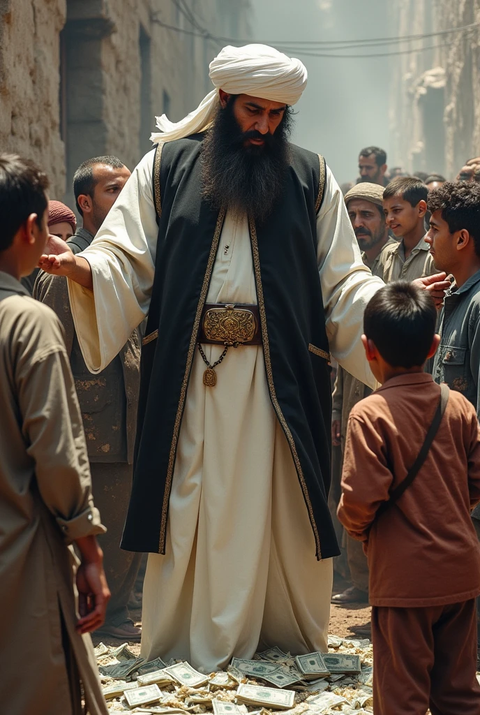 Taliban leader, big bearded, white Afghan dress, black waistcoat, big white afghan turban; kissing and worshiping to USA flag; alot of bundles of dollars around; a very poor, hungry, thick Afghan kids in dirty and old afghan clothes beggin for food