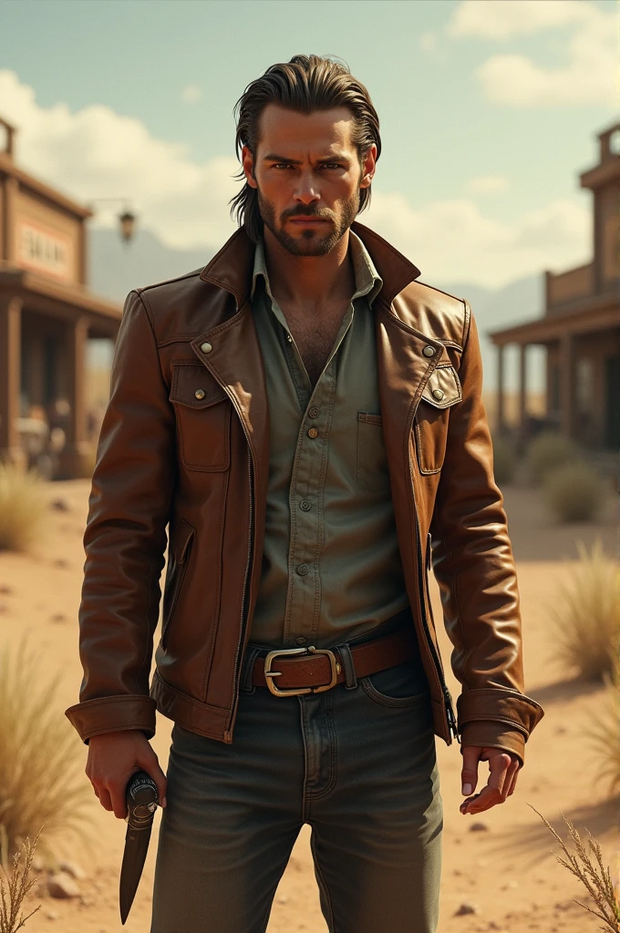 "Young man with leather jacket, holding a knife in his hand, in a classic Wild West setting. Hair divided in half, clean face without beard, Striking features. Arid and dusty background, with rolling weeds and a saloon in the distance."