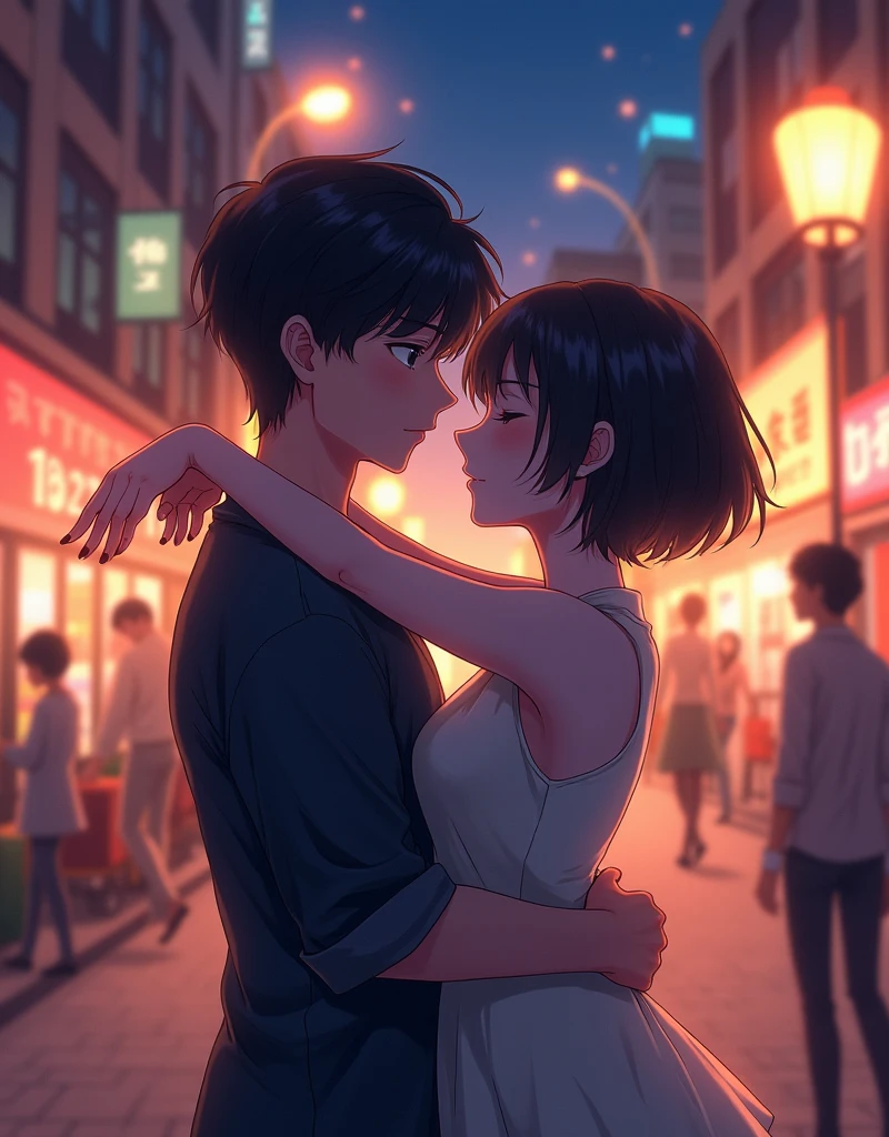 Create a anime style landscape image. Vibrant, anime-style illustration featuring a tender moment between two characters embracing in a bustling city street at night. The scene is illuminated by warm, glowing streetlights and blurred city lights in the background, creating a romantic and intimate atmosphere. The characters, a young man and woman, are depicted with detailed facial features and expressions; the woman has short, dark hair and is wearing a light-colored dress, while the man has slightly longer dark hair and is dressed in a dark shirt. Their eyes are closed as they hold each other closely, conveying a sense of deep affection. The background includes silhouettes of other people and buildings, adding depth and context to the urban setting.