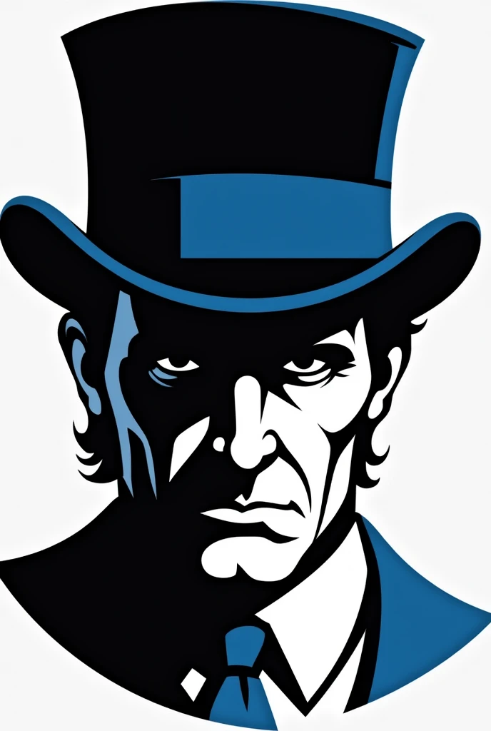 Logo type of a man with a top hat  (black white and blue in the details)  he just the face/Neck 