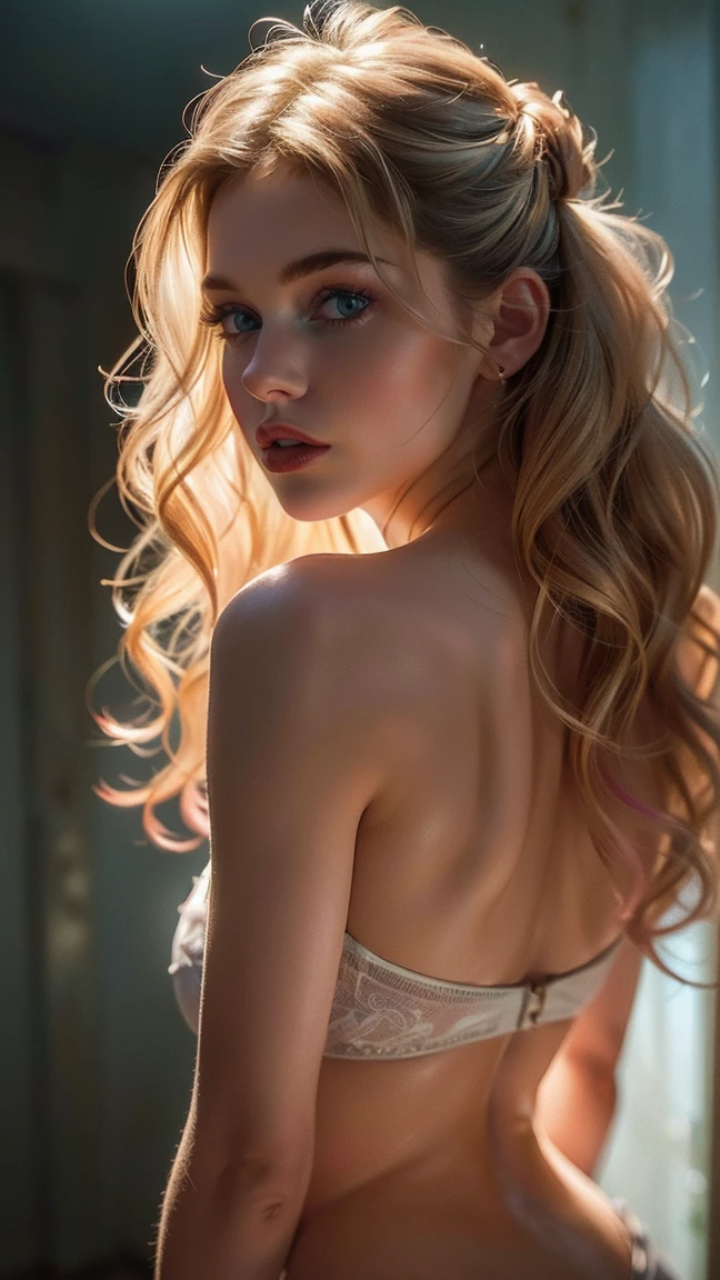 (((ultra realistic))) Photo, masterpiece, top quality, (pale skin), (Ultra detailed face and eyes:1.3), 1 girl, Adult, In Lifchik, ((Eye makeup, pink mascara)), ((large detailed lips)), ((pink wavy hair)), ((Chyolka)) , (Natural breasts), Slim waist. ((Posing)), photoshoot, studio (contour lighting), (The play of light and shadows), depth of field, bokeh, (special attention to skin detail: 1.2), Detailed leather texture, skin pores. (Light atmosphere of the frame. Color range - delicate, Bright, Yellow tones), UDR, ((Film grain)), ((rays)), (Glare), ((Photo from the back)) , ultra detialed,