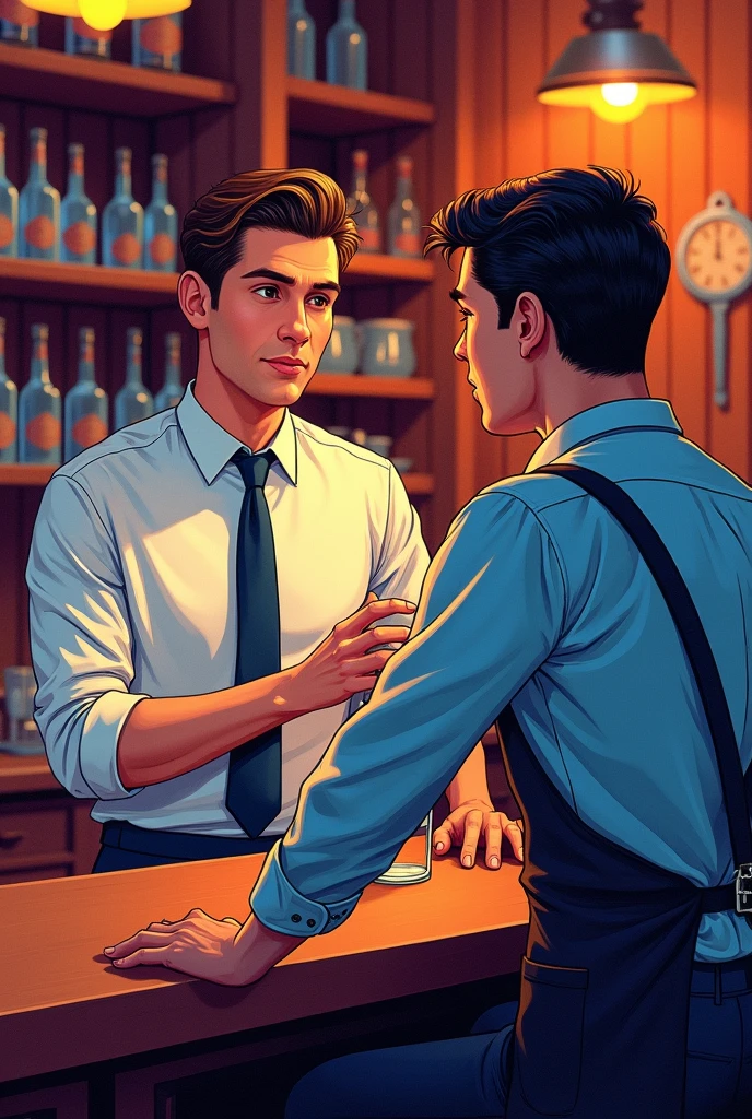 drawn in the form of a colored drawing, a man talking to a bartender