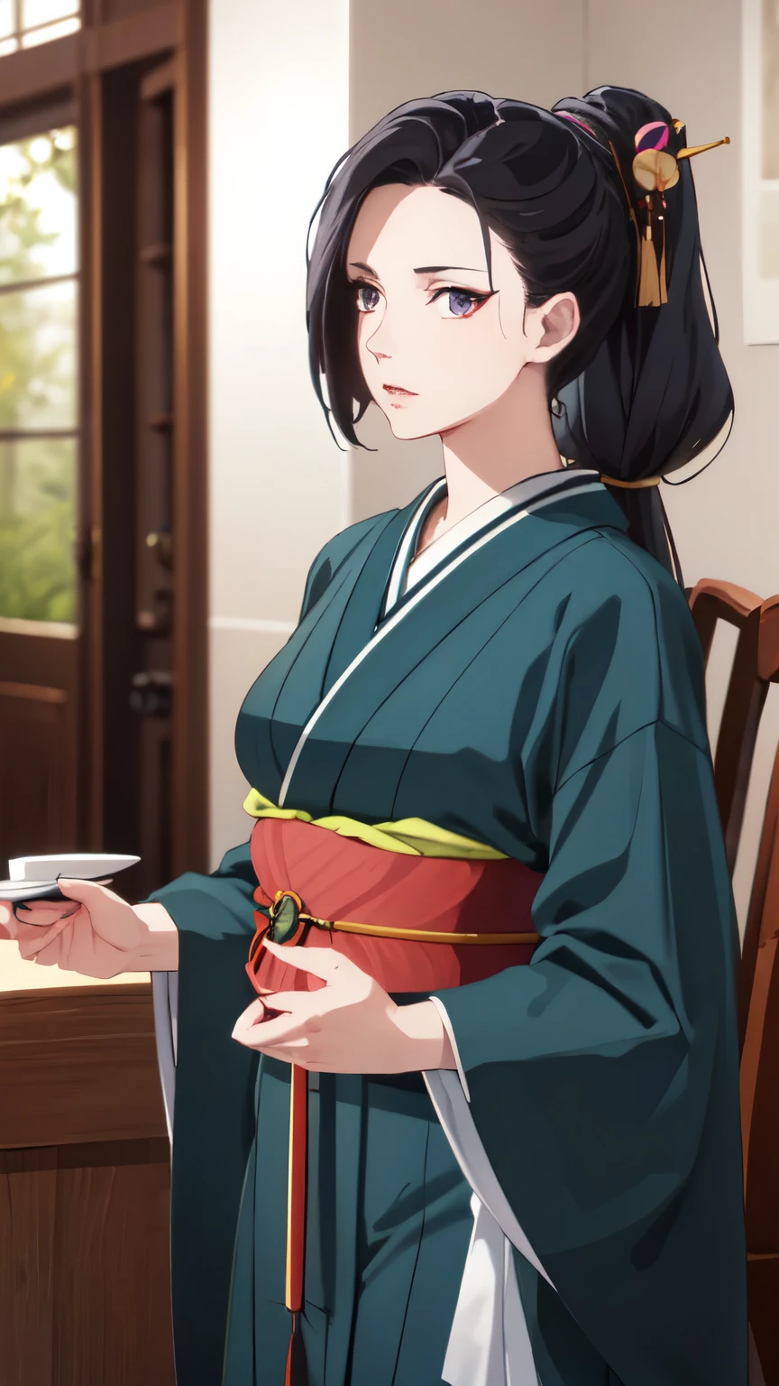 photorealistic, (4K), depth of field, (masterpiece), (realistic skin texture), extremely detailed, difficult, hyper detailed, Professional photography, hips, a high resolution, sharp detail, Best quality, woman, long hair, black hair, Ponytail, hairpin, purple eyes, blue kimono, (blue obi), dynamic pose, (One hand behind his back), (the forest:1.3), overgrown, vines, (high grass), bikini