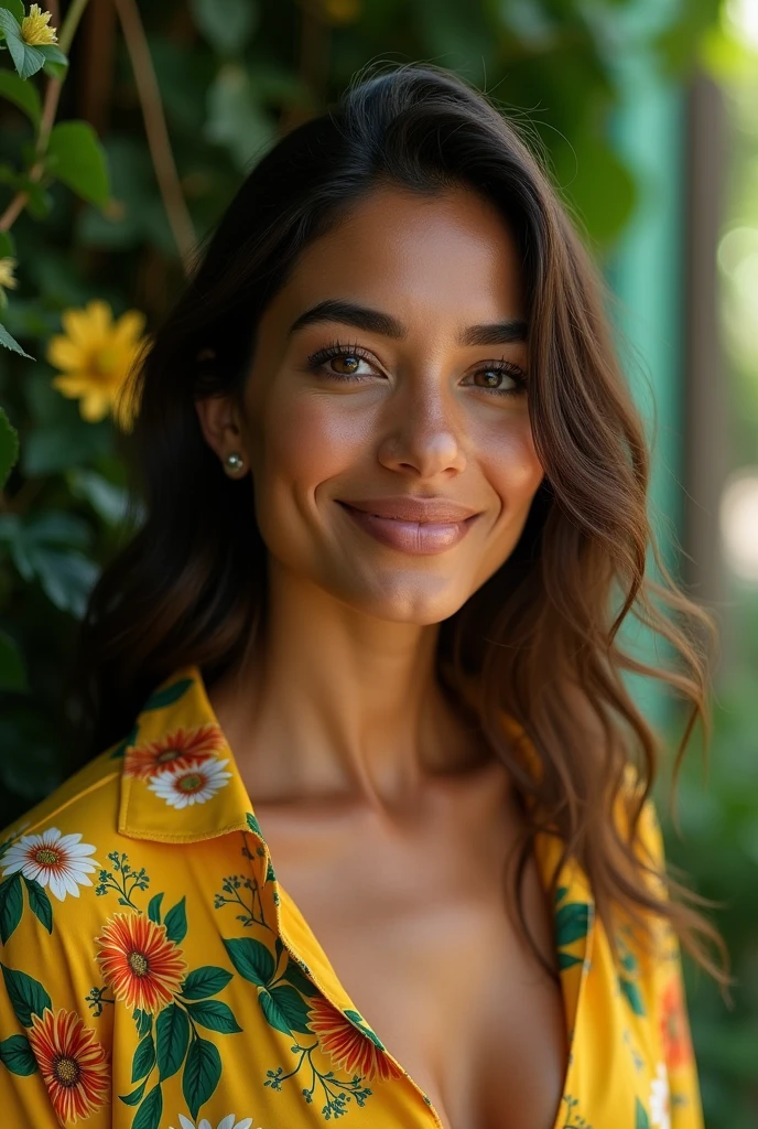 A Brazilian woman in a lush tropical garden, wearing an open shirt with a floral print, with a close-up capturing the harmonious beauty between her breasts and the natural flowers, showing off your natural charm and outgoing personality.