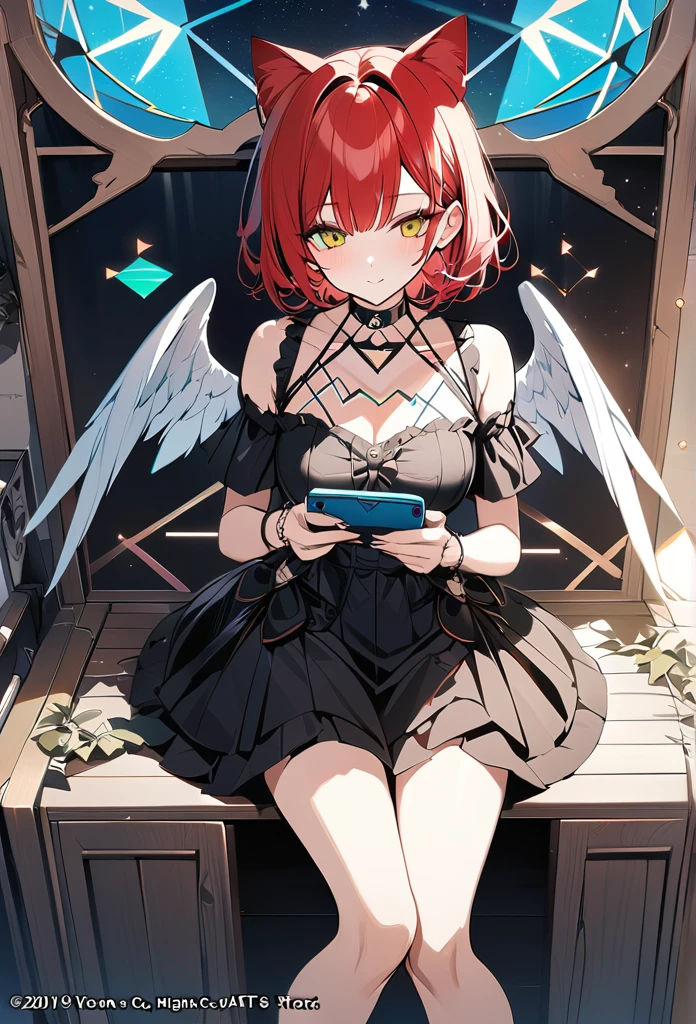 ,playing mobile game々)vtuber, cool beauty, sunflower shaped choker, (masterpiece, highest quality), official art, beautiful and aesthetic: 1.2), (1 girl), very detailed, (geometry art: 1.3), green colorful、red short bob hair、cat ear、 whole body, angel wings, white gothic , full body, playing mobile game,
