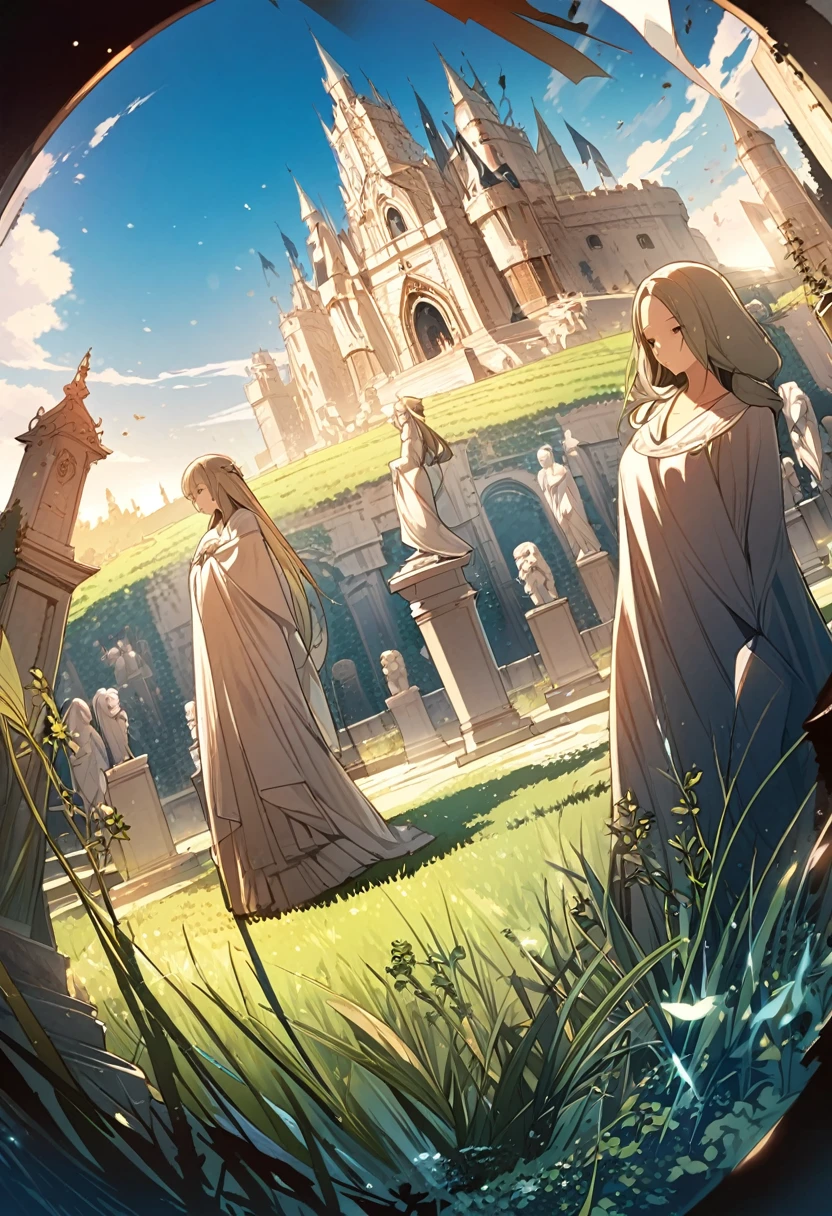 detailed illustration, dynamic angle, ultra-detailed, illustration, beautiful illustration, elegant illustration, human, 1girl, princess, sword, holy, spirits, ancestors, castle, blue sky, green grass, marble statues