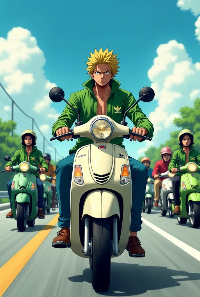 anime one piece zoro rides a step through Honda moped, zoro brings 100 members of his motorbike, all of them are wearing green motorbike jackets, with the word MELUNCUR on the front of the Adidas style jacket, wearing long jeans, and wearing motorbike shoes, all the members Everyone looks excited, they ride in full swing