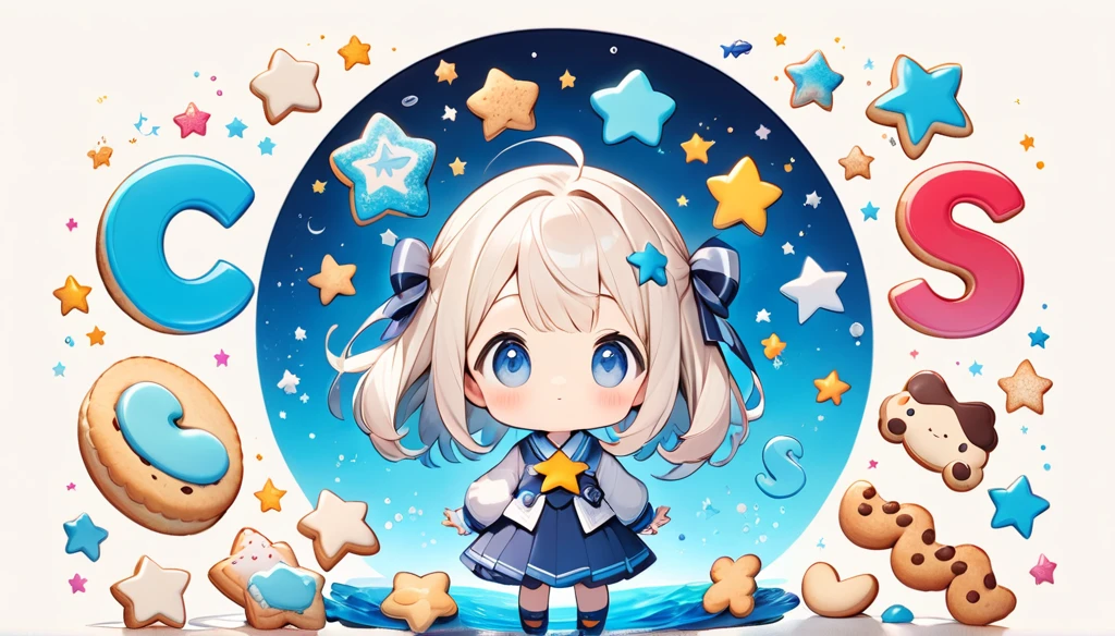 Minimal Deformation, cute, Fix the girl to the bottom right:1.37, Collect small star-shaped cookies to make words, "S","It is","a", Character, Letters made of tiny cookies, Only the parts that form the letters are colorfully sugar coated, Transparent deep sea background,
