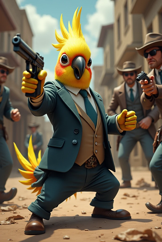 A cockatiel in a suit and tie shooting at bandits