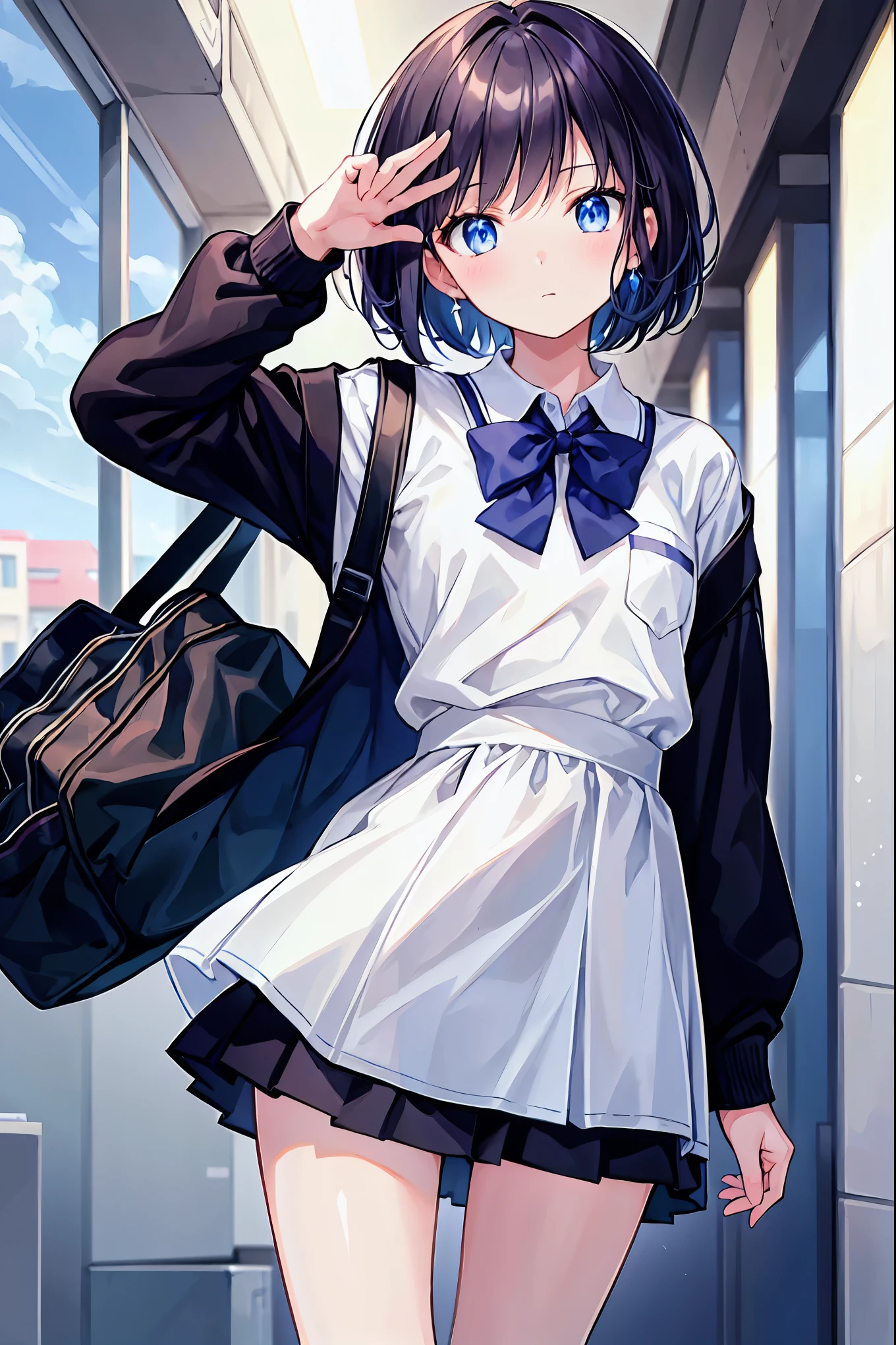 masterpiece, Highest quality, Very detailed, 16K, one person's, spring, high school, Warm colors, school bag, 正確でVery detailed背景, Mr.々A group of schoolgirls in uniforms with different body types and hairstyles, cute. break. akane kurokawa, One person, short hair, Blue Hair, Green Eyes, Black Hair, Medium Hair, White shirt, Collared shirt, , Best, White shirt, sweater Best, black Best, Blue tie, One Length Bob, Creating Bangs, Brighten up the area around the face, Leave the ends of the hair thick overall. Dark blue-purple hair, blue eyes,Her captivating grey-blue eyes shine like stars,Brown Hair,Shortcuts,Messy Hair,Slender beauty,A dignified posture,Small chest,Beautiful feet
