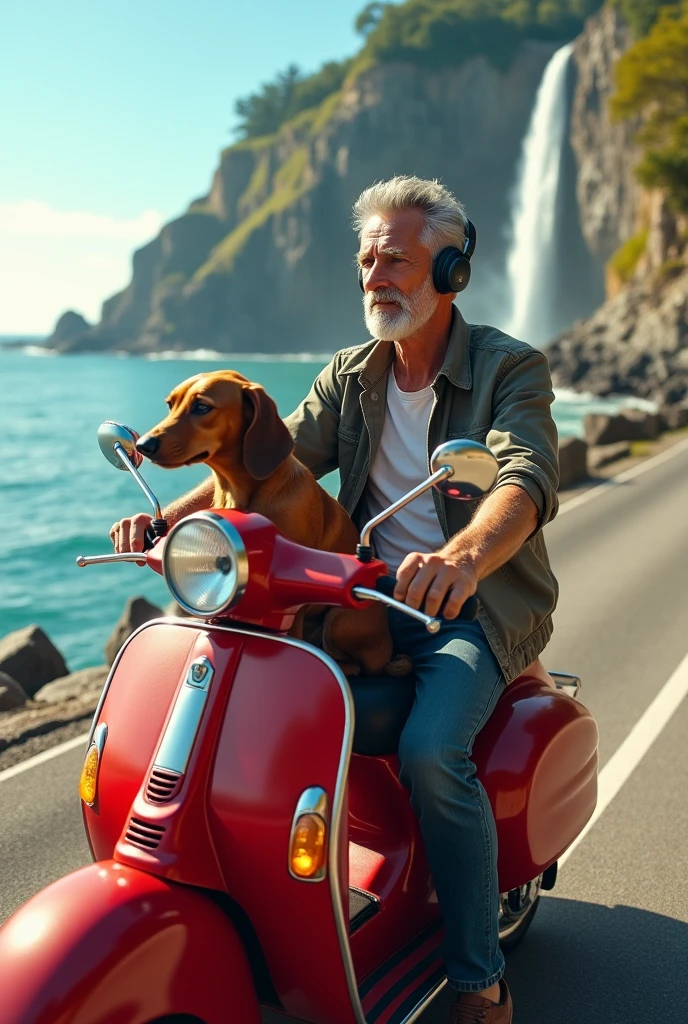 I am a middle-aged man and my furry caramel dachshund dog on top of the red motorcycle enjoying the sea listening to music on Bluetooth headphones facing the waterfall