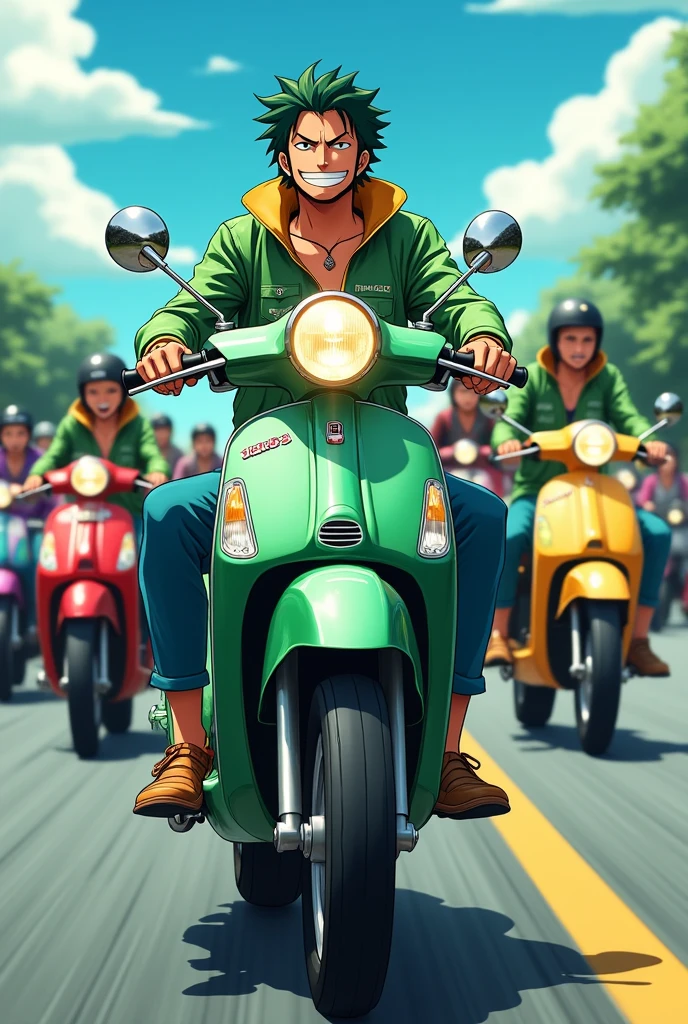 anime one piece zoro rides a step through Honda moped, zoro brings 100 members of his motorbike, all of them are wearing green motorbike jackets, with the word MELUNCUR on the front of the Adidas style jacket, wearing long jeans, and wearing motorbike shoes, all the members Everyone looks excited, they ride in full swing