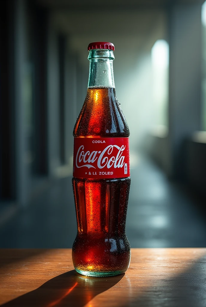 I would like a picture of a cold 2L Coca-Cola.
You can place it on a wooden table? And a corridor-type background with dim sunlight, and blurry