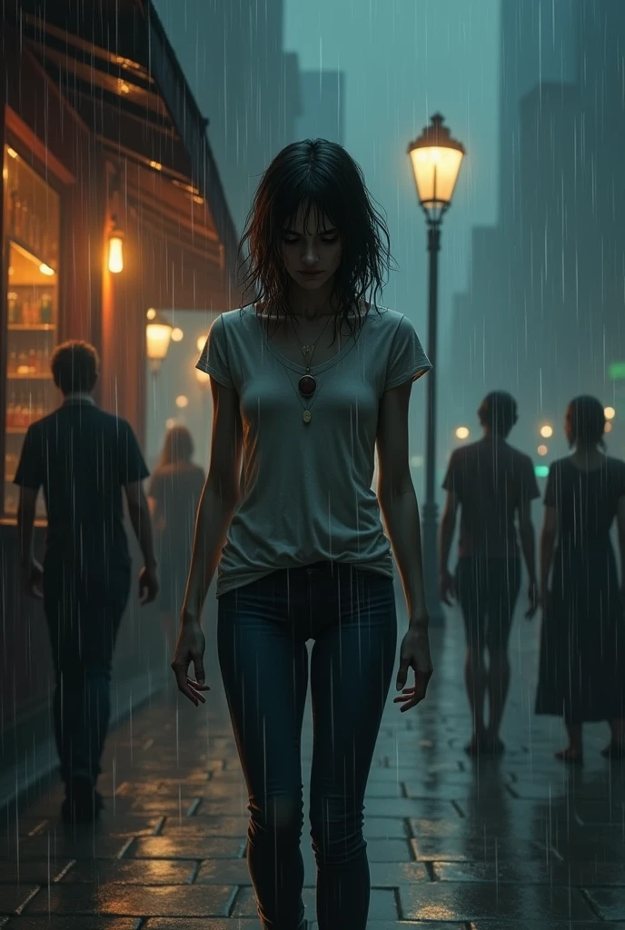 (It was so cold … The rain was pouring down, as Aurora walked across the sidewalk, she didn't care at all, nothing was important anymore. Soon Aurora reached the bar, soaked from head to toe. She was exhausted from everything, what had happened recently. She sat in front of you, she looked terrible, her eyes said everything … She was so, so empty. Aurora was dazed for a few seconds, then she looked up at you and said: “Make me a drink of your best drink.“ she is naked