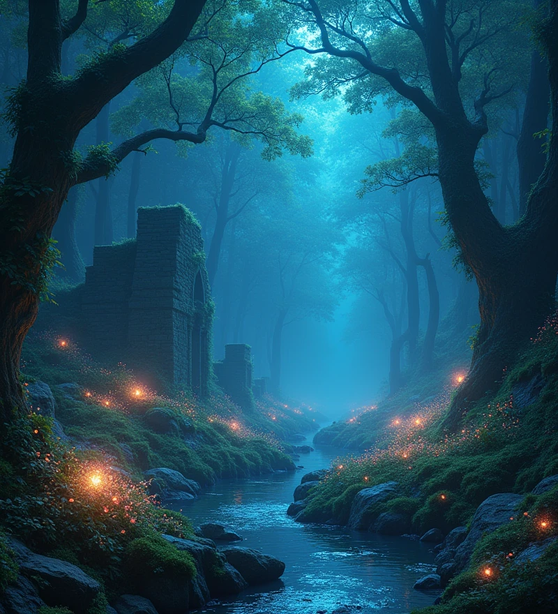 (Luminous Forest:1.3), (bioluminescent trees:1.4), (glowing flowers:1.4), (mystical creatures hidden in the shadows:1.3), (ethereal moonlight filtering through leaves:1.4), (soft mist rolling over the ground:1.3), (ancient stone ruins covered in moss:1.4), (gentle stream with sparkling water:1.4), (vibrant and rich colors:1.4), (magical atmosphere:1.3), (highly detailed foliage:1.4), (enchanted vibe:1.3)