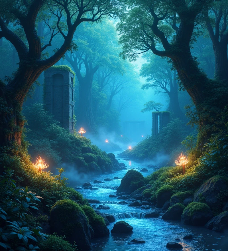 (Luminous Forest:1.3), (bioluminescent trees:1.4), (glowing flowers:1.4), (mystical creatures hidden in the shadows:1.3), (ethereal moonlight filtering through leaves:1.4), (soft mist rolling over the ground:1.3), (ancient stone ruins covered in moss:1.4), (gentle stream with sparkling water:1.4), (vibrant and rich colors:1.4), (magical atmosphere:1.3), (highly detailed foliage:1.4), (enchanted vibe:1.3)