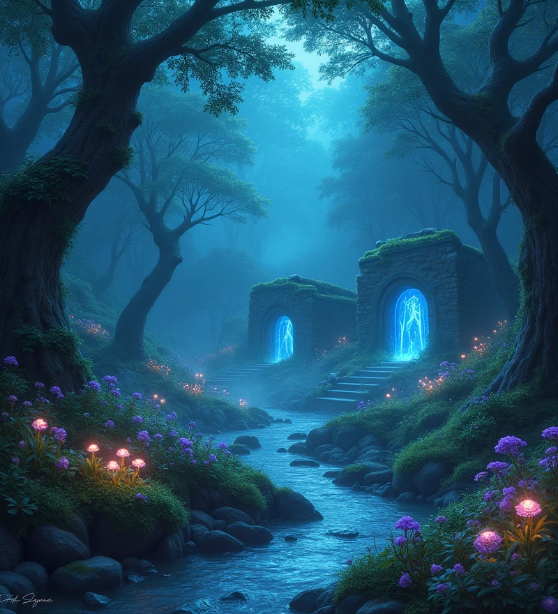 (Luminous Forest:1.3), (bioluminescent trees:1.4), (glowing flowers:1.4), (mystical creatures hidden in the shadows:1.3), (ethereal moonlight filtering through leaves:1.4), (soft mist rolling over the ground:1.3), (ancient stone ruins covered in moss:1.4), (gentle stream with sparkling water:1.4), (vibrant and rich colors:1.4), (magical atmosphere:1.3), (highly detailed foliage:1.4), (enchanted vibe:1.3)
