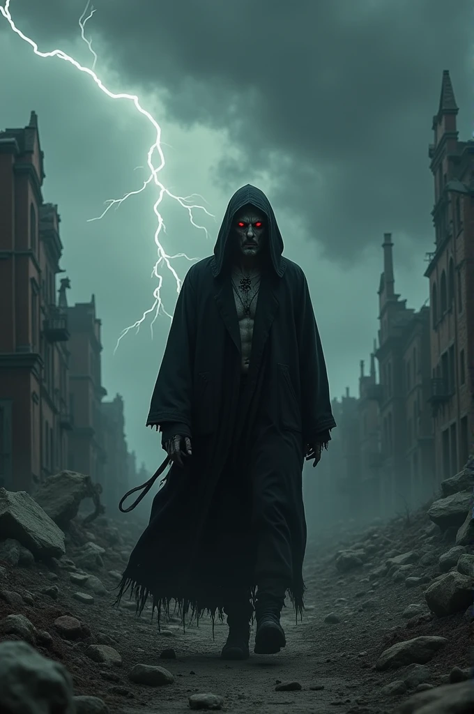 A dark, eerie landscape set in a desolate, post-apocalyptic world. The central figure is a man with a sinister, lost expression, wearing black, tattered robes that blend into the shadows around him. His eyes glow faintly with an unsettling red light, and faint, twisted symbols are visible on his skin. He wanders aimlessly through the barren wasteland, surrounded by the remnants of a once-thriving city now reduced to rubble and decay. The sky above is ominous, filled with swirling dark clouds and streaks of lightning, reflecting the chaos and despair within him. The atmosphere is heavy, conveying a sense of doom, confusion, and the absence of hope as the figure seems to be searching for something that remains out of reach. Another one