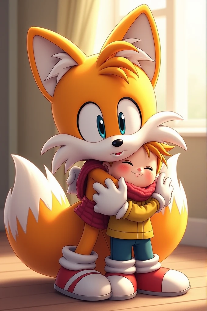 Tails hugging a kid smiling with his gloves and shoes on