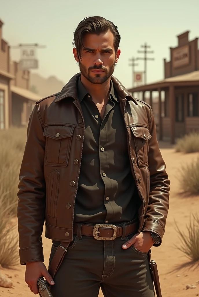 "Young man with leather jacket, holding a knife in his hand, in a classic Wild West setting. Hair divided in half, clean face without beard, Striking features. Arid and dusty background, with rolling weeds and a saloon in the distance."