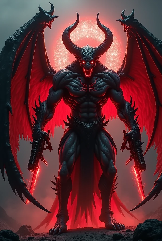 When Azrakor enters his demonic form, his appearance undergoes a frightening and powerful transformation. His fur, before a dark gray tone, becomes even paler and stiffer, as if being hardened by an inner force. Bright red veins run all over his body, pulsing with demonic energy, and his eyes light up a flaming red, radiating an intense and threatening light.
Your arms transform completely, becoming two grotesque super machine guns that seem fused to his flesh and bones. The metal of the machine guns is a dark red, quase negro, with an oily sheen that reflects light in a sinister way. The weapons have intricate details, with little spikes and claws coming out of the pipes, and glowing demonic runes etched across the surfaces, that emit a red glow. Machine gun barrels are elongated and organic, looking like nerves and tendons that have been transformed into a living metal.
His shoulders and chest are reinforced by a natural carapace, feita de bloodstains coagulado e ossos, that molded itself to his body like a grotesque armor. This shell protects your vital areas and has sharp spikes that come out of your shoulders and forearms., giving him an even more intimidating appearance. Your mouth is half open, revealing sharp, elongated teeth that now look like claws ready to tear flesh.
Behind him, its black wings grow and expand, with the edges glowing a fiery red. They appear to be covered in a viscous liquid that glows with the same menacing intensity as their machine guns., creating a striking contrast against the darkness of their feathers. A auréola de bloodstains sobre sua cabeça se intensifica, spinning rapidly and releasing small sparks of red energy, that crackle in the air, creating a halo of evil power around him.
The whole of his transformation is a terrifying spectacle.: a fusion of flesh, bloodstains, and metal, where Azrakor becomes the p itself