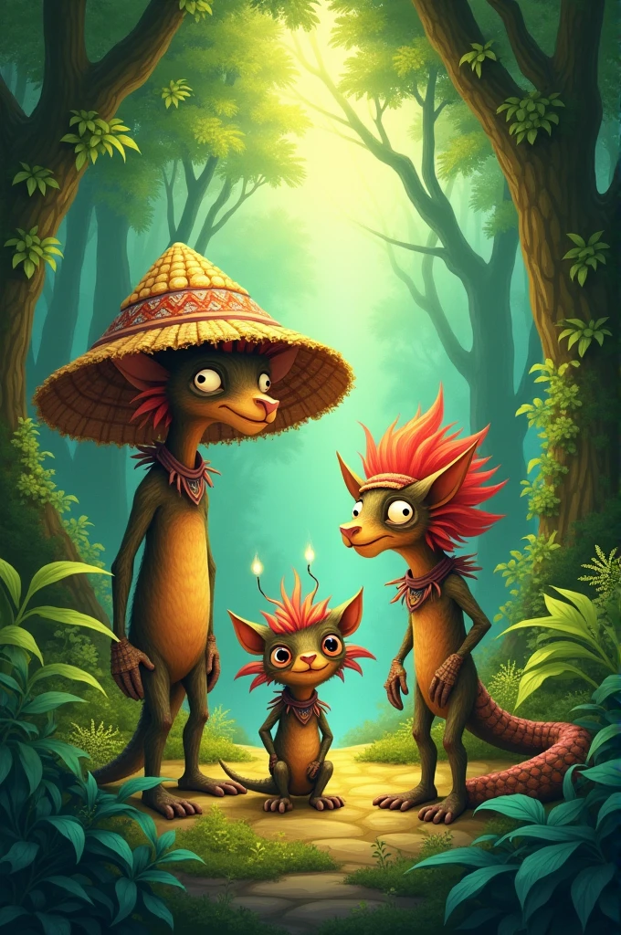Saci Perere, Curupira, and boitatá. together in the forest, drawning  