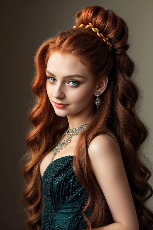 beautiful woman, 20 years old,Long orange wavy hair pulled back with jeweled hairpins, deep green eyes, Victorian navy blue dress with rhinestones, proud expression
