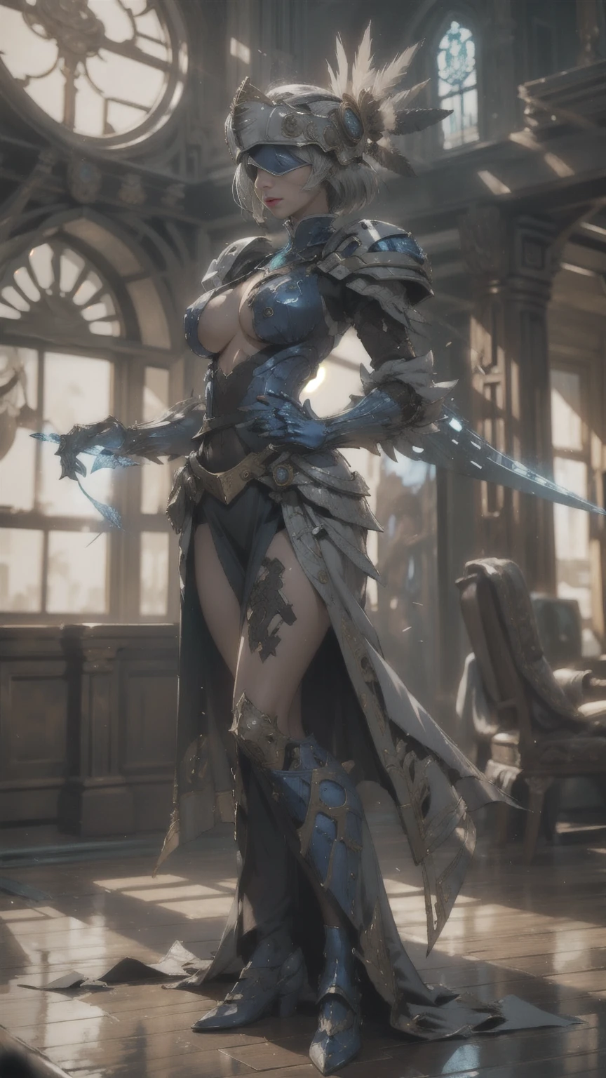 Make a 'kitbash' of Lenneth from 'Valkyrie profile' and 2B from 'Nier: Automata', combine 2B and Lenneth, solo, 1girl, BREAK: ((bright sapphire blue plate mech4rmor)), (boob window:1.27), (blue helmet blindfold:1.32), thigh cutout, long skirt, wings, BREAK: standing contrapposto, holding glowing spear, light smile, BREAK: plains, castle, BREAK: (better hands, best hands,) (insanely detailed, masterpiece, best quality), strong_negative, Chinese style