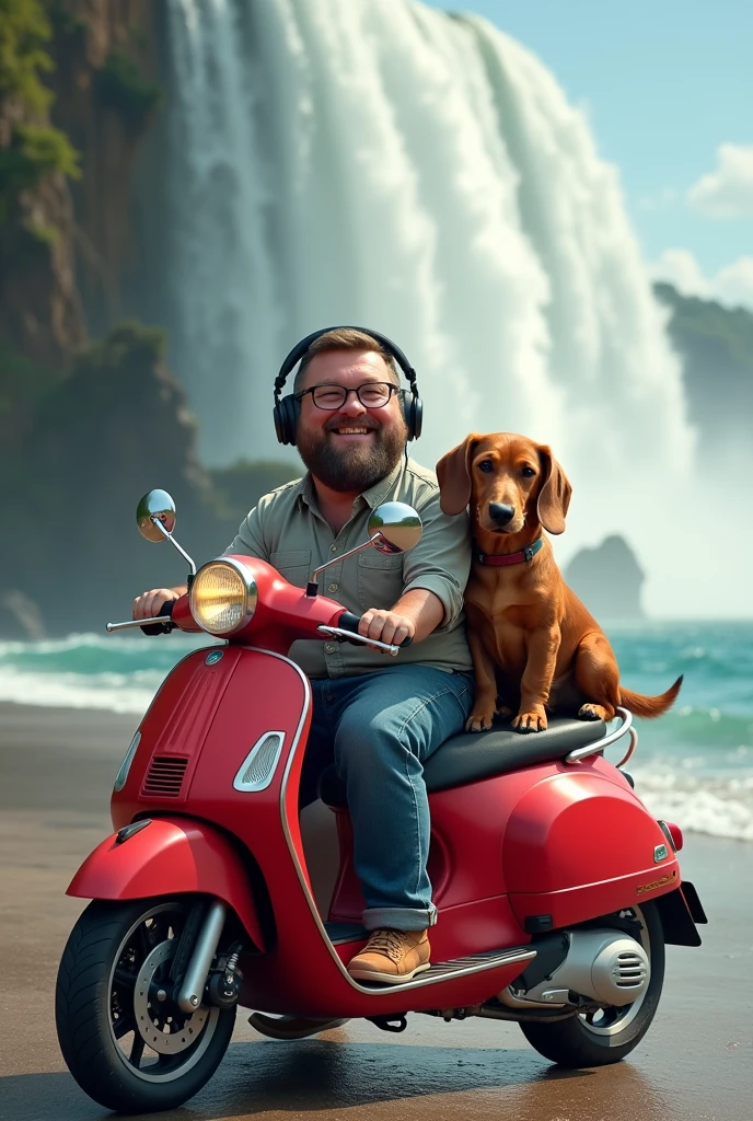 I am a chubby middle-aged man and my furry caramel dachshund dog on top of the red motorcycle enjoying the sea listening to music on Bluetooth headphones facing the waterfall. 
