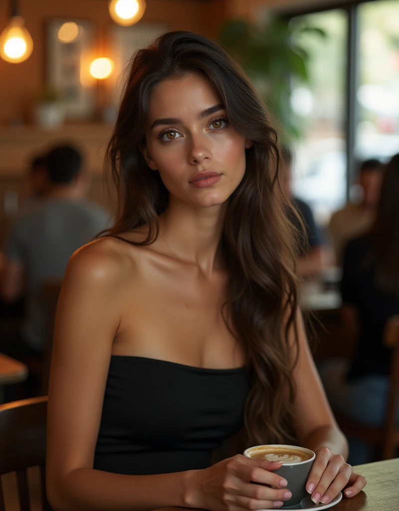 she is name ahu 20 years old (brunette) ,(tall woman),(long legs),single woman, chest 80 waist 60 hip 80 , G30,big normal breast,she is wear black strapless dress,The girl sits alone in a crowded café, sipping her coffee. She looks around, taking in her surroundings,
looking at the camera and drinking his coffee, drinking coffee, putting the coffee to his mouth. she sips his coffee, RAW, Nikon Z 85mm, award-winning glamor photography, ((best quality)), ((masterpiece)), ((realistic)), (long brunette hair), hazel eyes,intricate details, highly detailed, sharp focus, professional, 4k, stunning hazel eyes, delicate, innocent, high resolution, detailed facial features, high detail, sharp focus, soft , aesthetic, extremely detailed, photo_\(ultra\), photorealistic, realistic, post-processing, maximum detail, real life, ultra-realistic, photorealism, photography, 8k uhd, photography, russian face