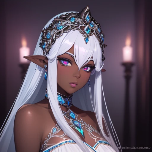 a dark elf girl, dark skinned, beautiful detailed eyes, beautiful detailed lips, long white hair, extremely detailed face, long eyelashes, elegant flowing dress, intricate elven jewelry, fantasy forest background, dramatic lighting, vibrant colors, digital art, cinematic composition, highly detailed, 8K, photorealistic