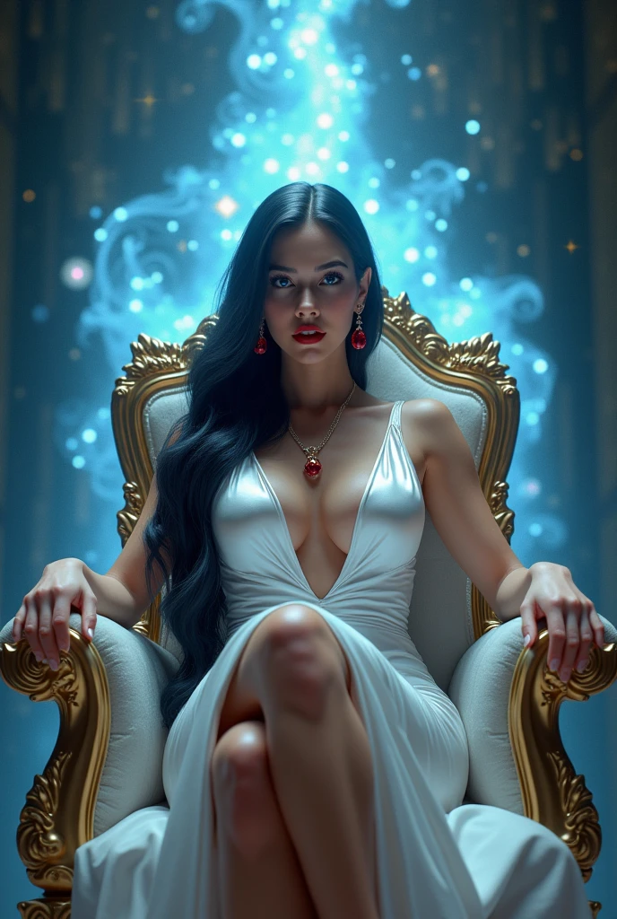 Beautiful attractive mature woman of 55 years,Eyes illuminated in blue light,intense red lips,Long black hair with a sleek, fine hairstyle, with a beautiful and seductive voluptuous body,shapely and long legs,exaggeratedly voluptuous breasts,massive large and enormous. Intense and seductive look looking at the camera,sitting on a huge throne facing forward with a sexy and very seductive pose With a sexy and elegant white shiny silk dress shining in the star lights,with a large and pronounced neckline,A long skirt with a double opening that shows off her legs. 
Wearing red emerald earrings and a fine, elegant gold necklace.
In the background you can see a bright aura of energy around it.
