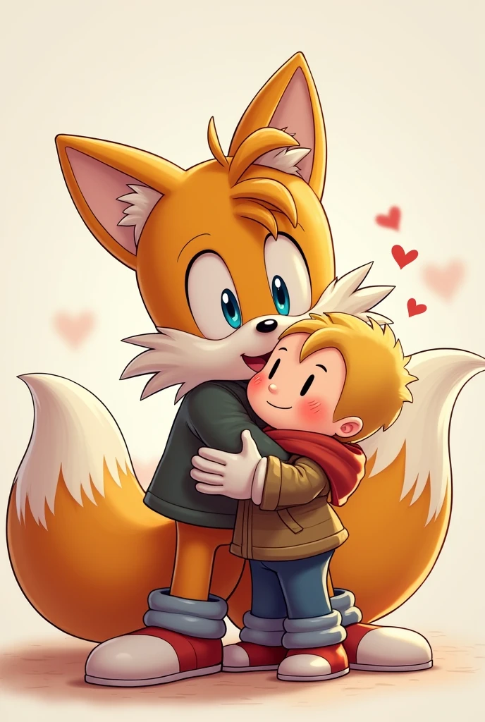 Tails hugging a kid smiling with his gloves and shoes on