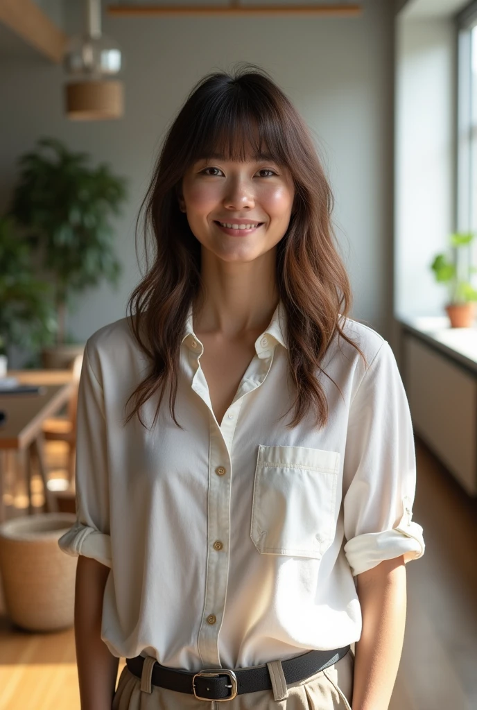 RAW Photo, DSLR BREAK a adult woman with bangs, (light smile:0.8), (smile:0.5), wearing relaxed shirt and trousers, casual clothes, (looking at viewer), focused, (modern and cozy office space), design agency office, spacious and open office, Scandinavian design space BREAK detailed, natural light