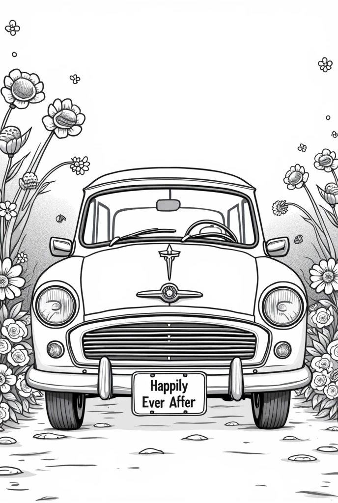 A line art for a wedding-themed children's coloring book, of a vintage car with “happily ever after” written on the license plate, decorated with flowers and with some cans hanging from the back of the car in Pixar style.