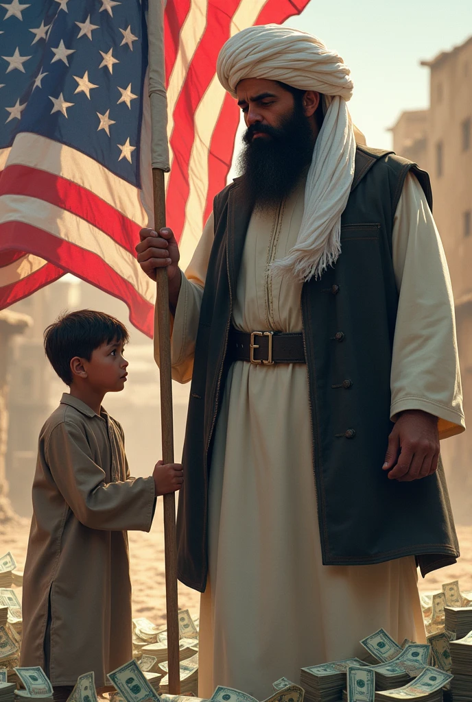 Taliban leader, big bearded, white Afghan dress, black waistcoat, big white afghan turban; kissing and worshiping to USA flag; alot of bundles of dollars around; a very poor, hungry, thick Afghan kid stand aside crying