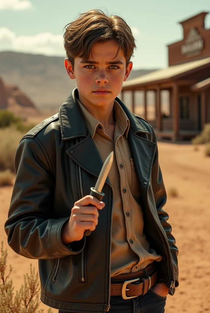 "Teenager with leather jacket, holding a knife in his hand, in a classic Wild West setting. Hair divided in half, clean face without beard, Striking features. Arid and dusty background, with rolling weeds and a saloon in the distance."