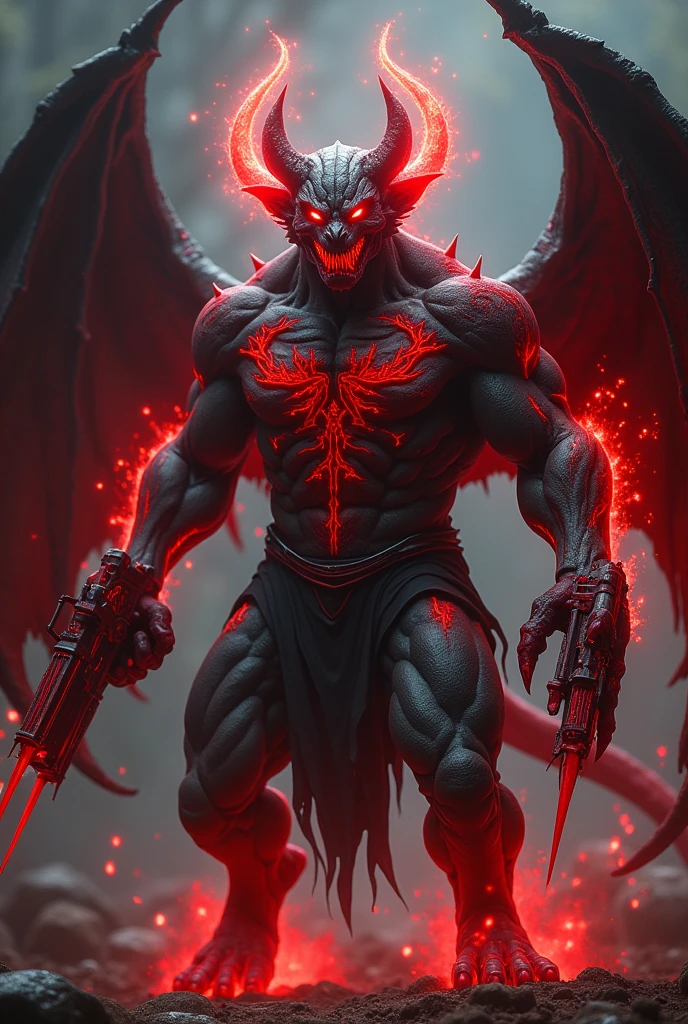 When Azrakor enters his demonic form, his appearance undergoes a frightening and powerful transformation. His fur, before a dark gray tone, becomes even paler and stiffer, as if being hardened by an inner force. Bright red veins run all over his body, pulsing with demonic energy, and his eyes light up a flaming red, radiating an intense and threatening light.

Your arms transform completely, becoming two grotesque super machine guns that seem fused to his flesh and bones. The metal of the machine guns is a dark red, quase negro, with an oily sheen that reflects light in a sinister way. The weapons have intricate details, with little spikes and claws coming out of the pipes, and glowing demonic runes etched across the surfaces, that emit a red glow. Machine gun barrels are elongated and organic, looking like nerves and tendons that have been transformed into a living metal.

His shoulders and chest are reinforced by a natural carapace, feita de bloodstains coagulado e ossos, that molded itself to his body like a grotesque armor. This shell protects your vital areas and has sharp spikes that come out of your shoulders and forearms., giving him an even more intimidating appearance. Your mouth is half open, revealing sharp, elongated teeth that now look like claws ready to tear flesh.

Behind him, its black wings grow and expand, with the edges glowing a fiery red. They appear to be covered in a viscous liquid that glows with the same menacing intensity as their machine guns., creating a striking contrast against the darkness of their feathers. A auréola de bloodstains sobre sua cabeça se intensifica, spinning rapidly and releasing small sparks of red energy, that crackle in the air, creating a halo of evil power around him.

The whole of his transformation is a terrifying spectacle.: a fusion of flesh, bloodstains, and metal, where Azrakor becomes the p itself