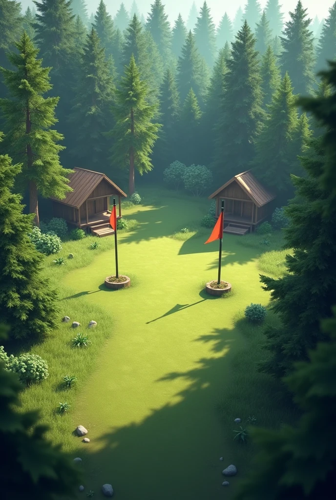 Me gustaría crear un escenario para unreal engine   Simple, with forests, cabins, with 2 capture the flag posts on opposite sides, It must be an unreal engine scenario, zenith angle view, Simple