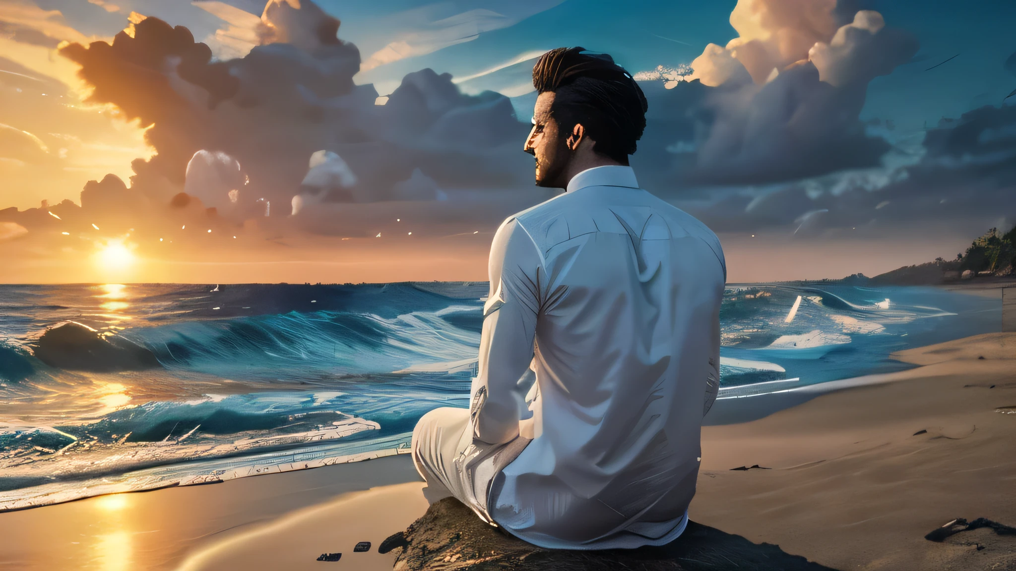 Back view of a man wearing white shirt and black trouser sitting on a sea shore, photo taken from the back, beautiful detailed face, ocean waves, golden sunset, dramatic clouds, beach, serene, realistic, photorealistic, masterpiece, 8k, ultra-detailed, vivid colors, cinematic lighting