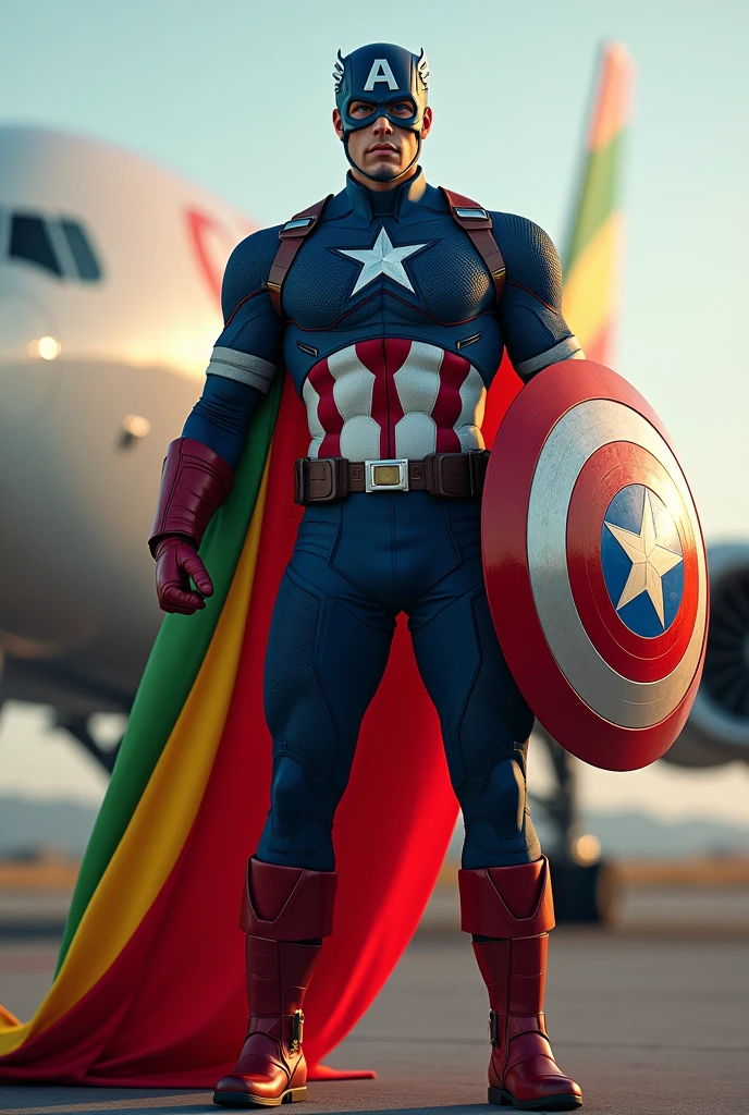 Capitain America wearing Ethiopian flag suit and his sheild also ethiopia flag and at his back ethiopian airlines plane on the ground

