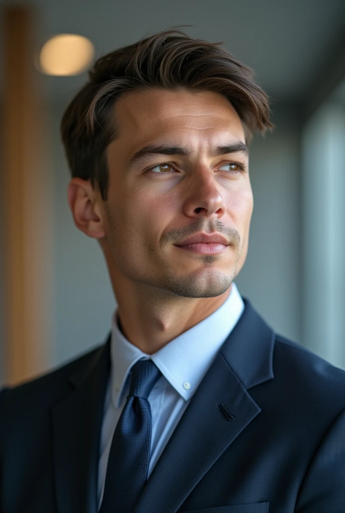 A smart 20 year old man will look ahead with a smile. The tie suit will be worn on the body. Will look front